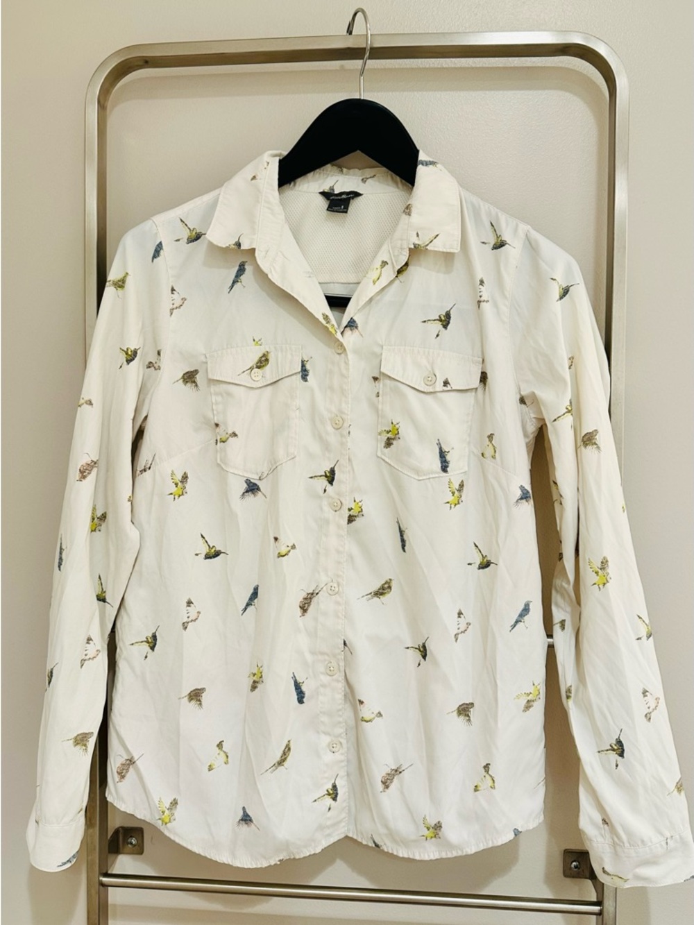 Eddie Bauer White Button-Down Shirt with Multicolor Bird Print